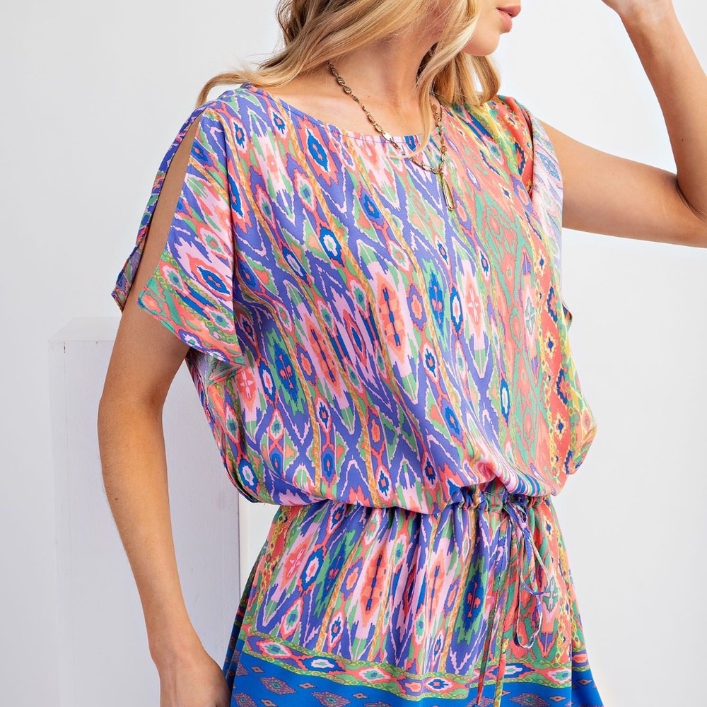 NEW EASEL BORDER PRINT RAYON CHALLIS WOVEN TUNIC DRESS ELASTIC WAIST TIE BOHO !! - Picture 6 of 7